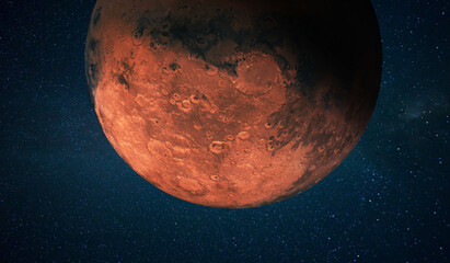 Red planet Mars with craters in space with stars. Space wallpaper concept - obrazy, fototapety, plakaty