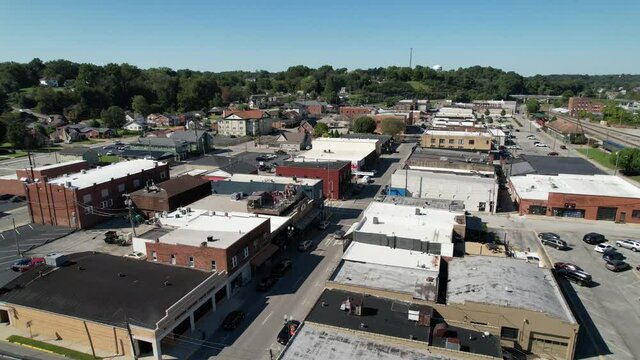 corbin kentucky aerial push into town, small town america, small town usa, middle america, america, usa, made in the usa