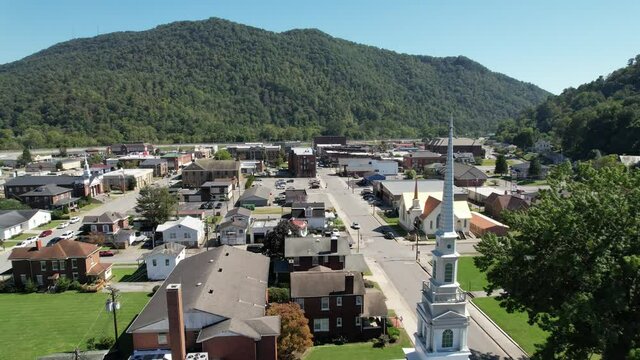aerial push over church in pineville kentucky, christian church, small town america, hometown, usa, america, made in america