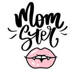 Vector vampire lips. Halloween vector illustration. Mouth with fangs. Pink Female lips. MOMster Hand drawn lettering phrase