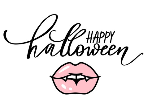 Vector vampire lips. Halloween illustration. Mouth with fangs. Pink Female lips