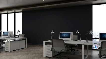 modern office area with blank wall 3d design interior for company logo mockup