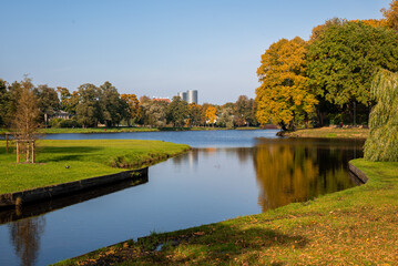 Colorfull autumn in a public park of Riga - capital of Latvia and famous tourist place in Baltic region