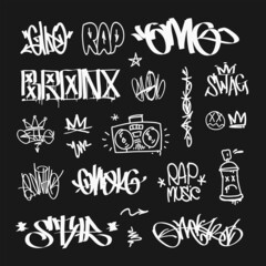 Hip-hop and RAP music writing street art graffiti Tags vector set. Doodle style spray paint graffiti crown tags and abstract symbols - obrazy, fototapety, plakaty