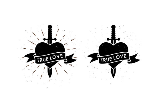 Set of color illustrations of heart, dagger, ribbon with text, rays on a white background. Design element for emblem, sticker, tattoo, label, badge. Vector illustration with grunge texture. Symbolism.