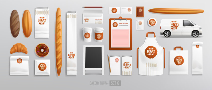 Realistic bakery food package mock-up set with Bakery Brand identity vector template. Baked goods, street menu advertising board, plastic cup, apron, paper bag