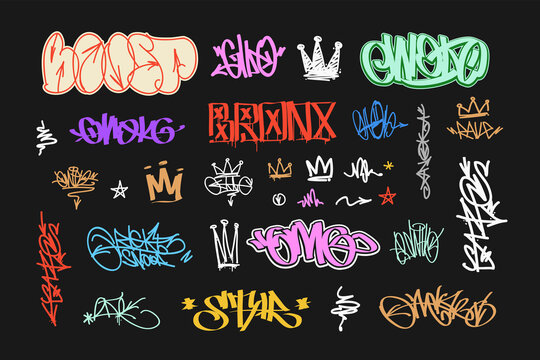 Colorful Graffiti Tags with hip-hop doodle crowns writing vector set. Doodle style spray paint graffiti crown tags and abstract symbols