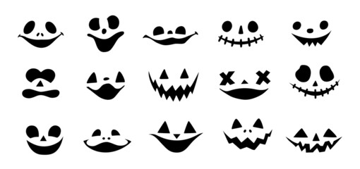 Naklejka premium Halloween pumpkin or ghost faces vector set. Spooky pumpkin smile isolated on white background.