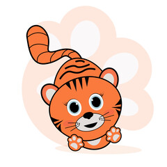 The beast is a tiger with paws. A small predator with a funny face. Vector image on the background.