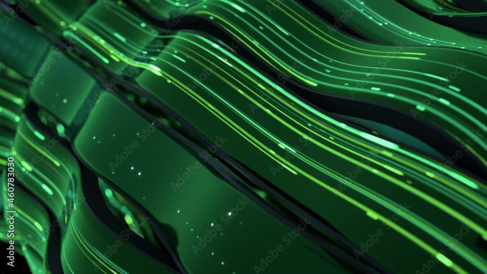 Poster green neon light trails flowing on wavy surface. 3d render seamless loop animation