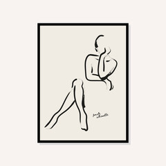 Line drawing portrait. Female illustration. Abstract boho style art print poster in a frame