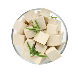 Glass bowl with delicious tofu and rosemary isolated on white, top view