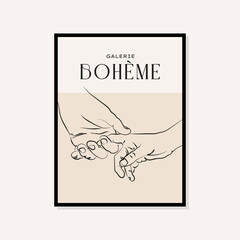 Line drawing hands. Art boheme illustration. Abstract boho style art print poster in a frame