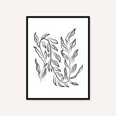 Line art leaf illustration. Matisse style. Abstract boho style art print poster in a frame. 