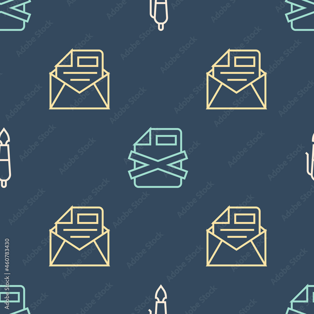 Poster set line fountain pen nib, mail and e-mail and delete file document on seamless pattern. vector