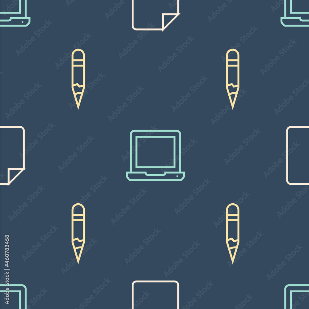 Poster set line file document, pencil and laptop on seamless pattern. vector