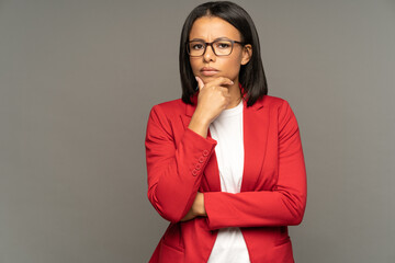 Puzzled thoughtful businesswoman pondering doubtful of business development strategy or partnership...