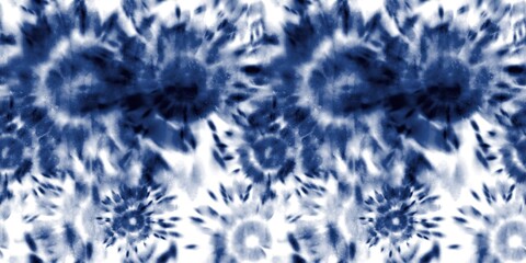 Seamless indigo tie dye 1970s funky hippie repeat pattern swatch motif for surface design and print. High quality illustration. Vibrant navy blue apparel material print. Psychedelic textile design.