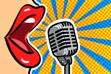 Pop-art music singing woman's mouth with retro microphone