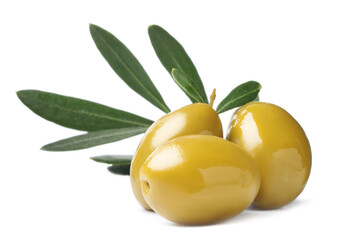 Olives with green leaves on white background