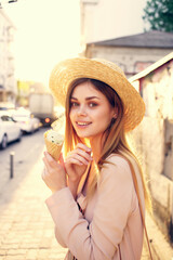 attractive woman outdoor walk eat ice cream walk travel fun