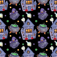 Watercolor seamless pattern with witch attributes, house, cat, cauldron, poison on a dark background. 