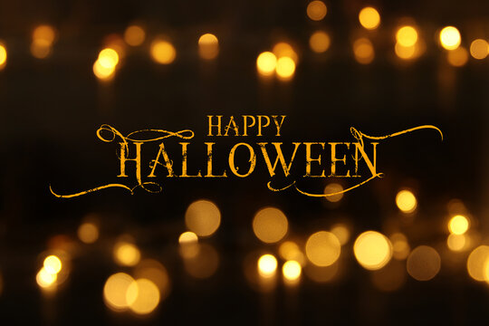 halloween image of gold glitter lights with text over black background. de focused