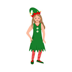 Cute girl with happy face and eyes in festive elf costume for Christmas, New Year or holiday