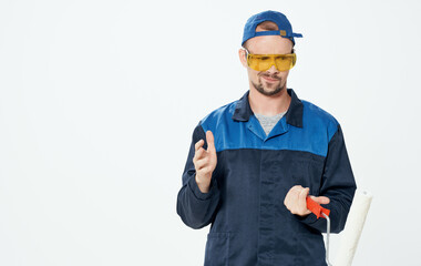 Man in yellow construction glasses emotions isolated background