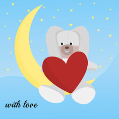 greeting card with love. A hare sits on a moon in the sky among the stars and holds a huge heart from below the text in words with love. Banner, background, holiday greeting card