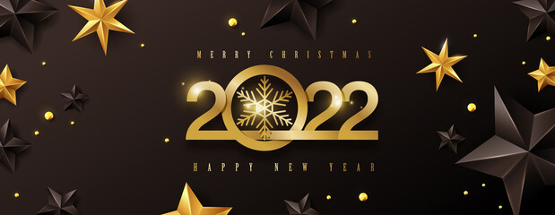 Merry christmas and happy new year 2022 text design background Decorated with Gold and black Stars 