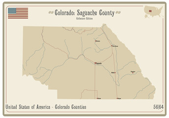 Map on an old playing card of Saguache county in Colorado, USA.