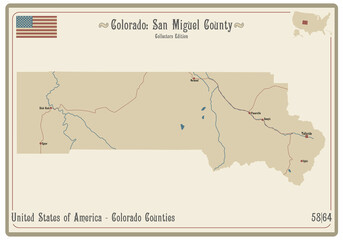 Obraz premium Map on an old playing card of San Miguel county in Colorado, USA.