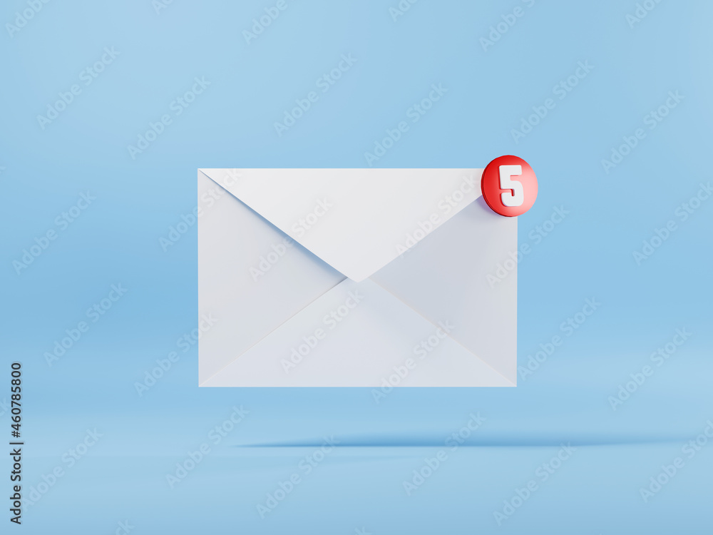 Poster envelope 3d e-mail icon and five messages notification, new incoming messages unread mail, sms inbox