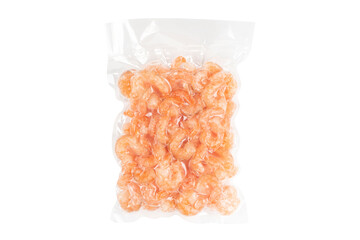 Shrimps in a plastic vacuum bag isolated on a white background. Vacuum packaged food. - obrazy, fototapety, plakaty