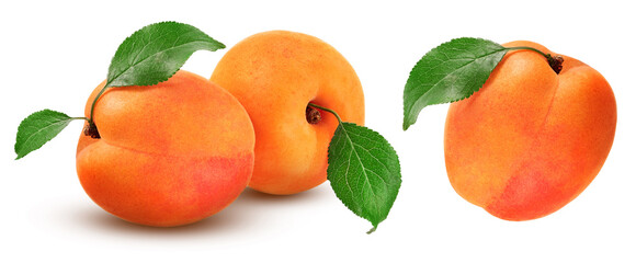 Apricots with leaves isolated on white background