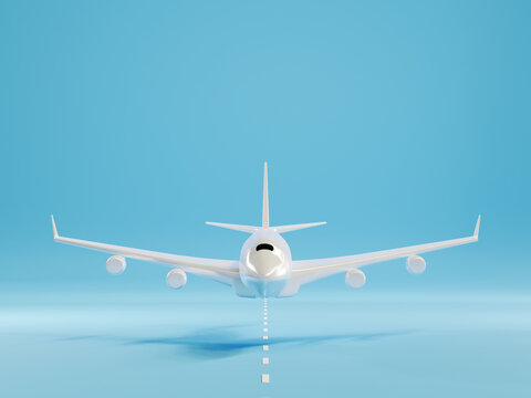 Airplane landing or taking off over ground on runway from the airport, Large jet plane takeoff on blue background, business travel flight concept, 3D rendering illustration