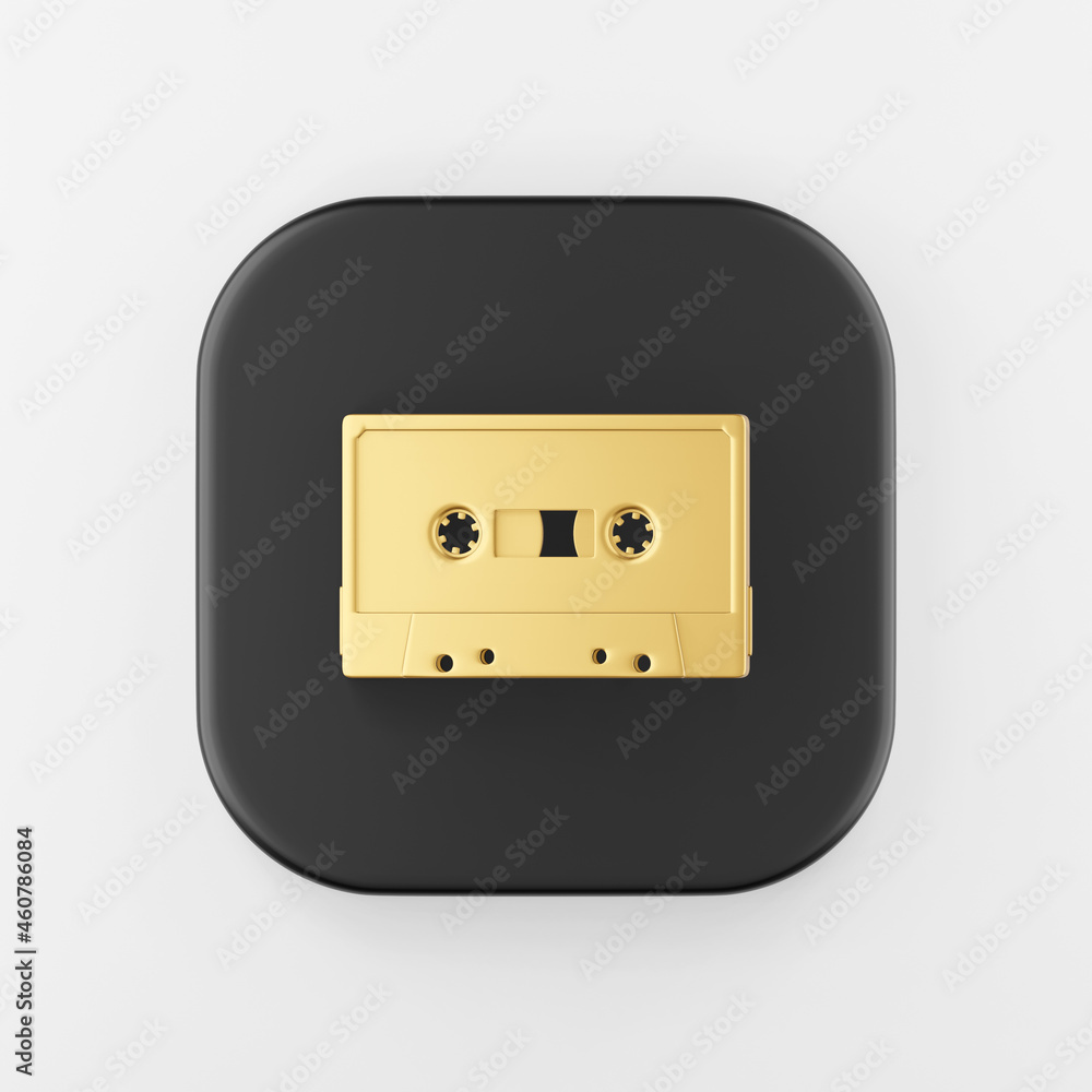 Poster golden cassette icon. 3d rendering black square button key, interface ui ux element.