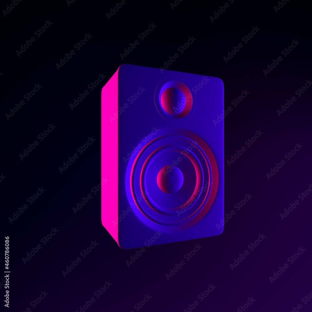 Poster neon speaker icon. 3d rendering ui ux interface element. dark glowing symbol.