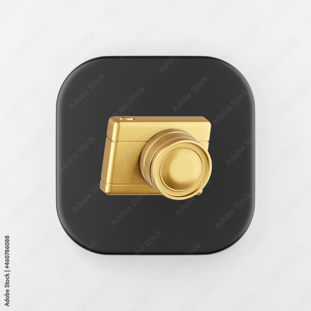 Poster gold digital photo camera icon. 3d rendering black square button key, interface ui ux element.