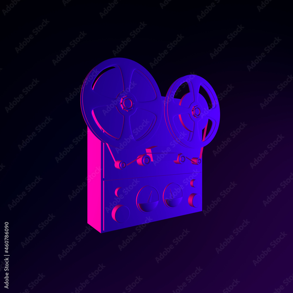 Poster neon reel tape recorder icon. 3d rendering ui ux interface element. dark glowing symbol.