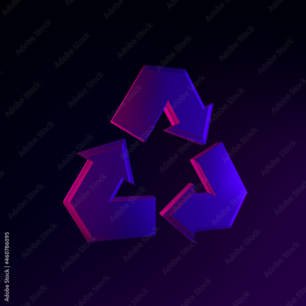 Poster recycling neon symbol icon. 3d rendering ui ux interface element. dark glowing symbol.