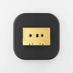 Fototapeta na wymiar Golden cassette icon. 3d rendering black square button key, interface ui ux element.