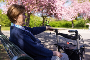 Seniorin sitzt allein im Park im Frühling auf einer Bank , den Rollator neben sich