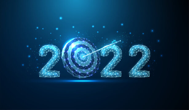 Abstract Happy 2022 New Year greeting card with arrow in darts board