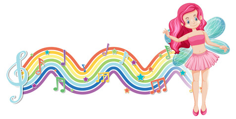 Cute fairy cartoon character with rainbow wave