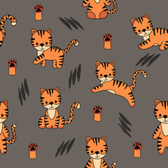 Vector seamless pattern with cute doodle baby tigers