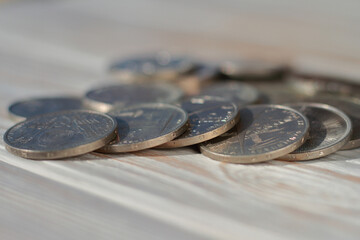 Set of Soviet anniversary rubles of different years of release closeup. Shallow depth of field