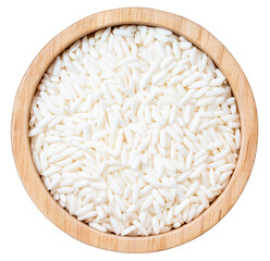 Rice grains in wooden bowl isolated on white background. Rice grains in wooden bowl on white background With clipping path.