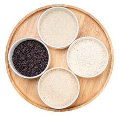Mix Rice grains in wooden bowl isolated on white background. Jasmine rice, Rice berry rice grains in wooden bowl on white background With clipping path.